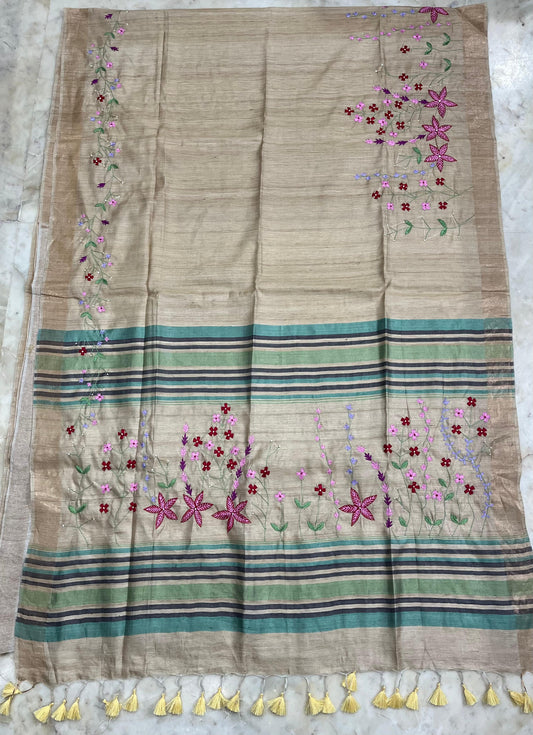 Pure Desi Tussar By Tussar Silk Embroidery Work Saree With Running Blouse