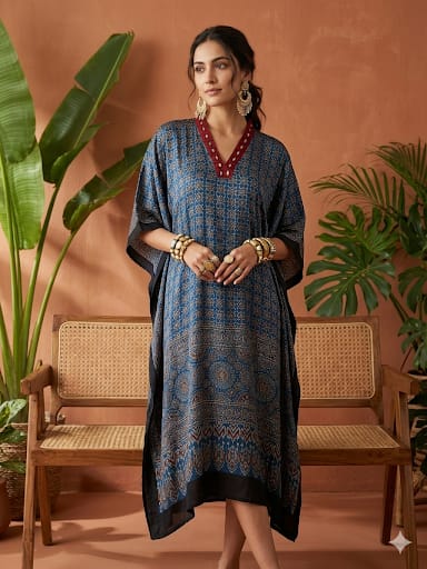 Pure Modal Silk Hand block Printed Kaftans Stitched suit With Hand Mirror Work