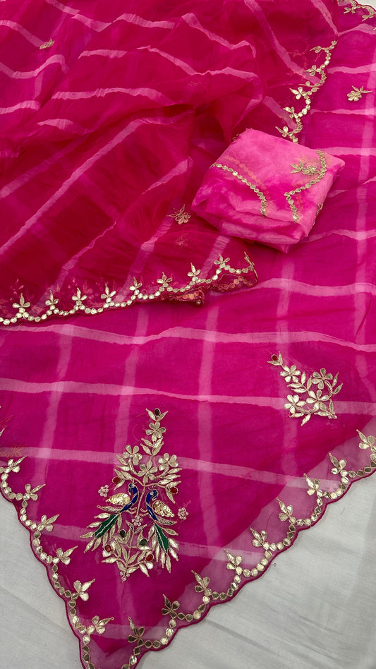 Desinger Organza  Leheriya   Pattern Gota  Patti Work Saree With Contrast Blouse