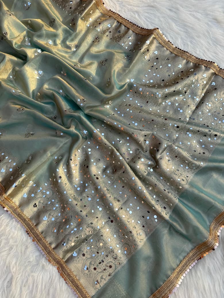 Elegant Tissue Mirror Work Saree with Designer Lace Border