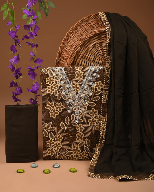 Designer gota patti hand work cotton  unstitched suit with chiffon   dupatta