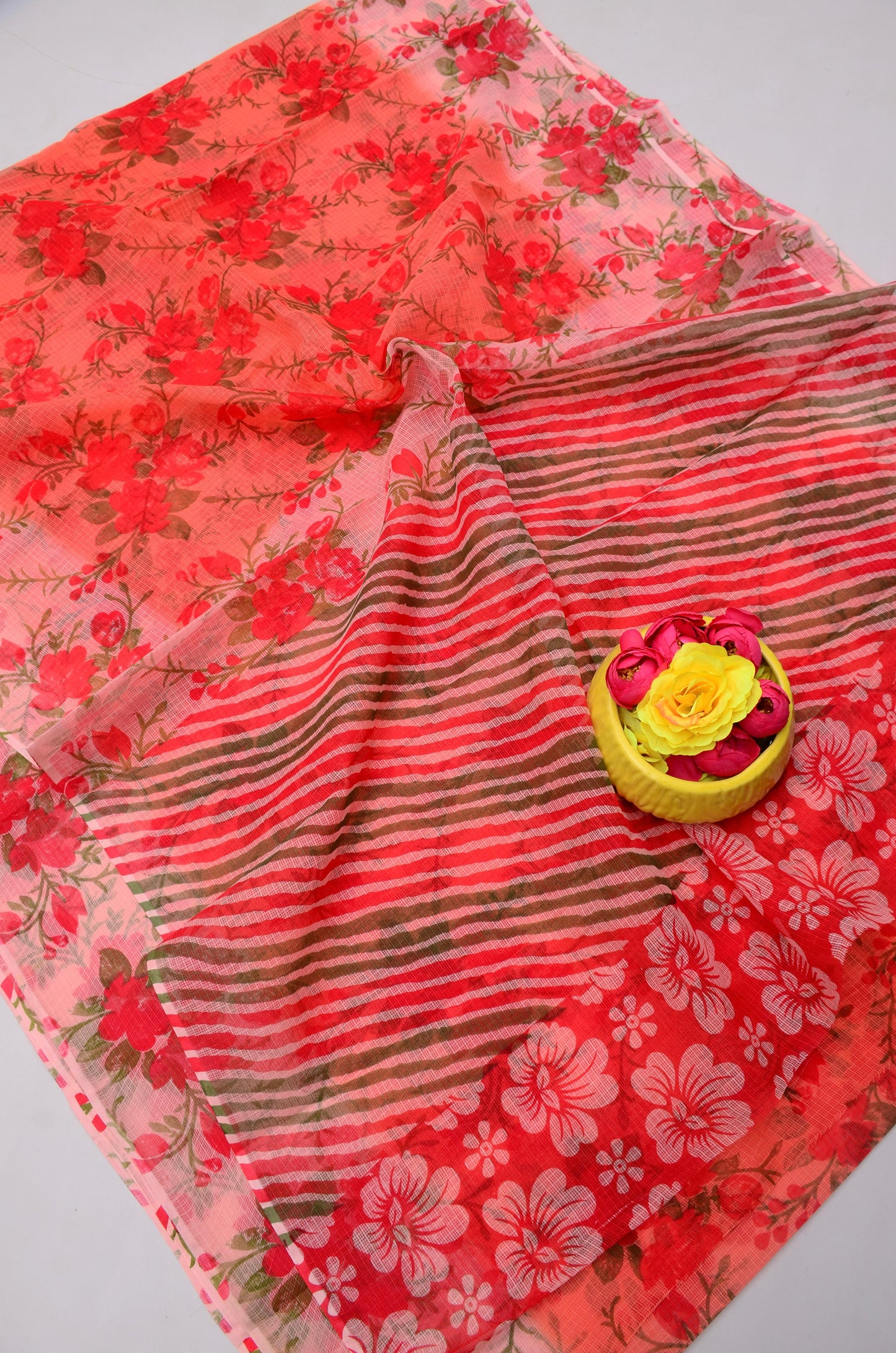 Pure Cotton Kota Doria Kalam Kari Floral Print Sarees