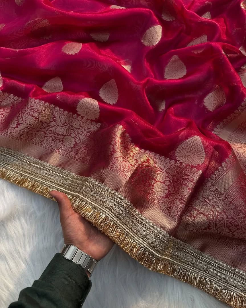 Banarasi Tissue Silk Saree with Lace Work border  Full body Zari Booti Weaving