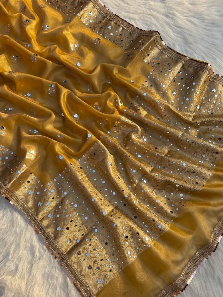 Elegant Tissue Mirror Work Saree with Designer Lace Border
