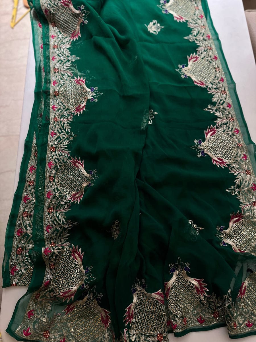 Pure Jaipuri Chiffon Jaal Work Saree With Beautiful Rajputi look and Running Blouse