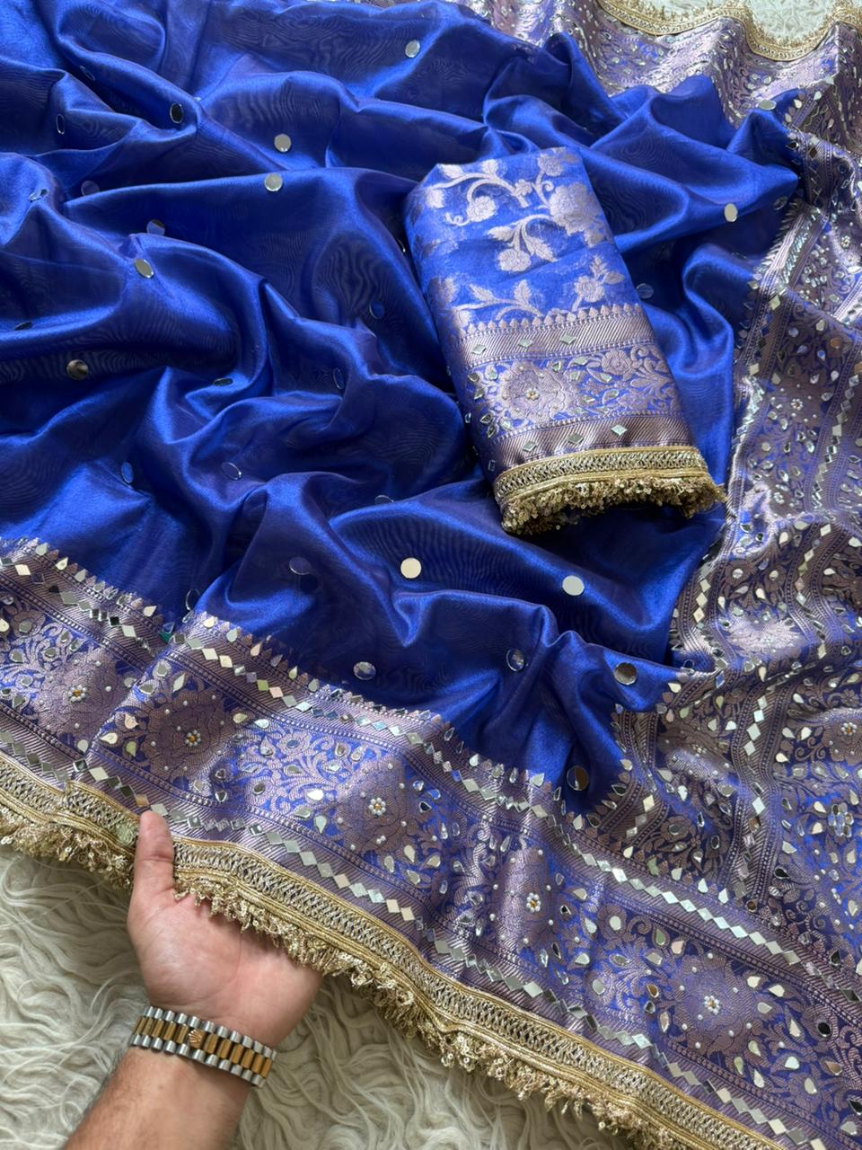 Banarasi Tissue Silk Saree With beautiful  borders with mirror  work