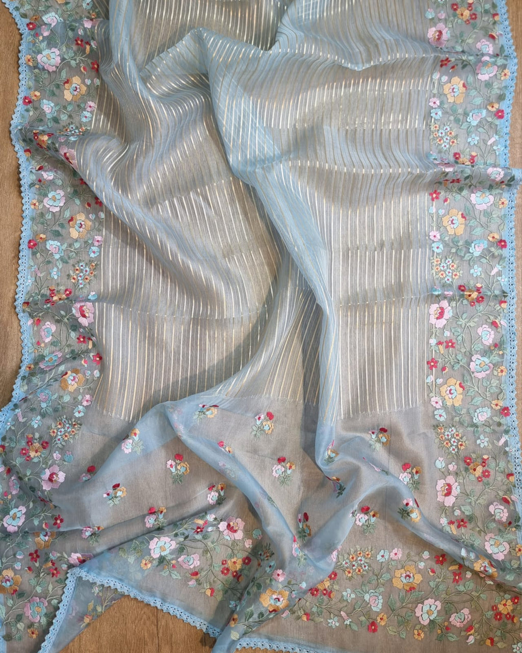 Pure Organza Silk  floral Embroidery Saree with velvet lace and heavy blouse