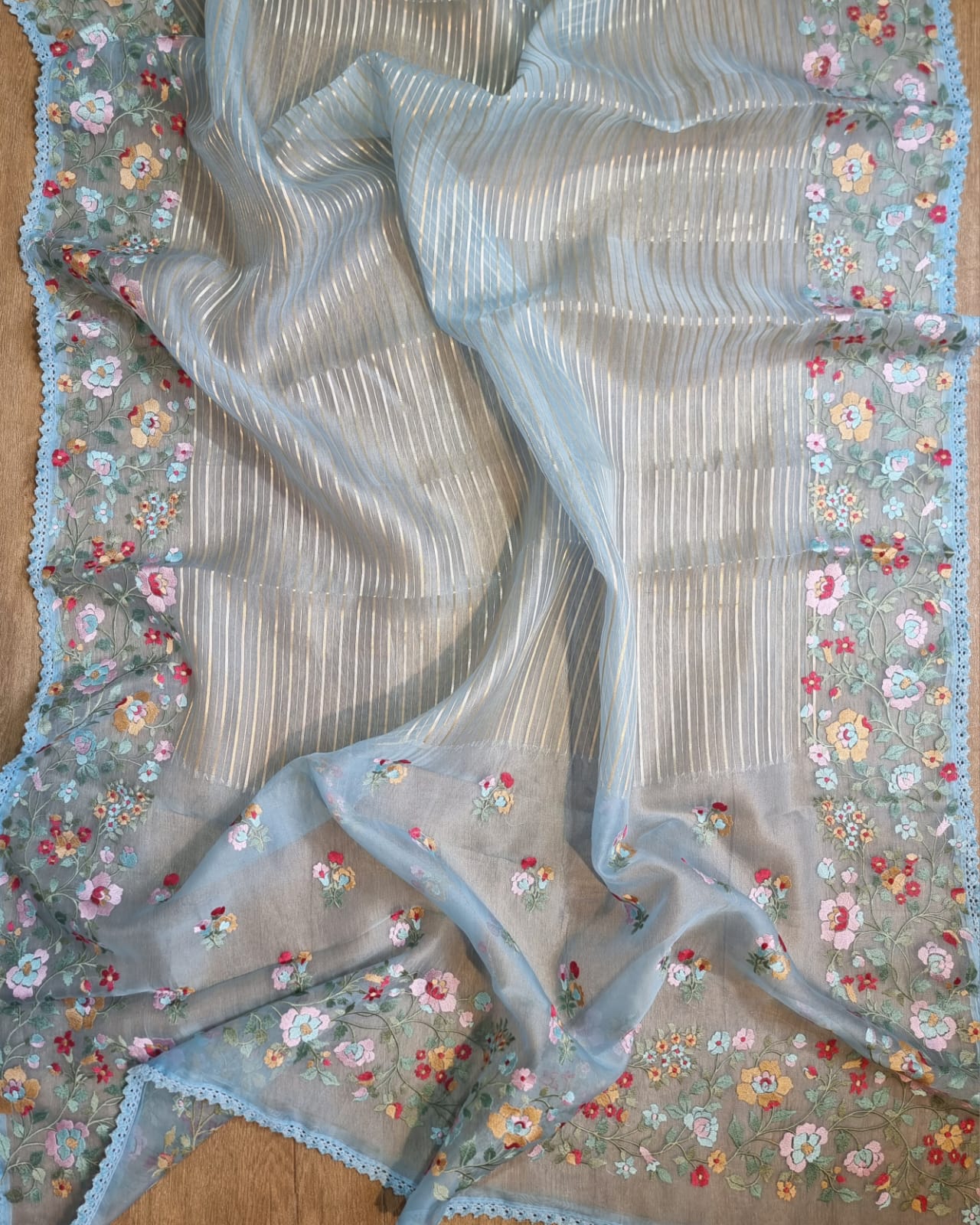 Pure Organza Silk  floral Embroidery Saree with velvet lace and heavy blouse