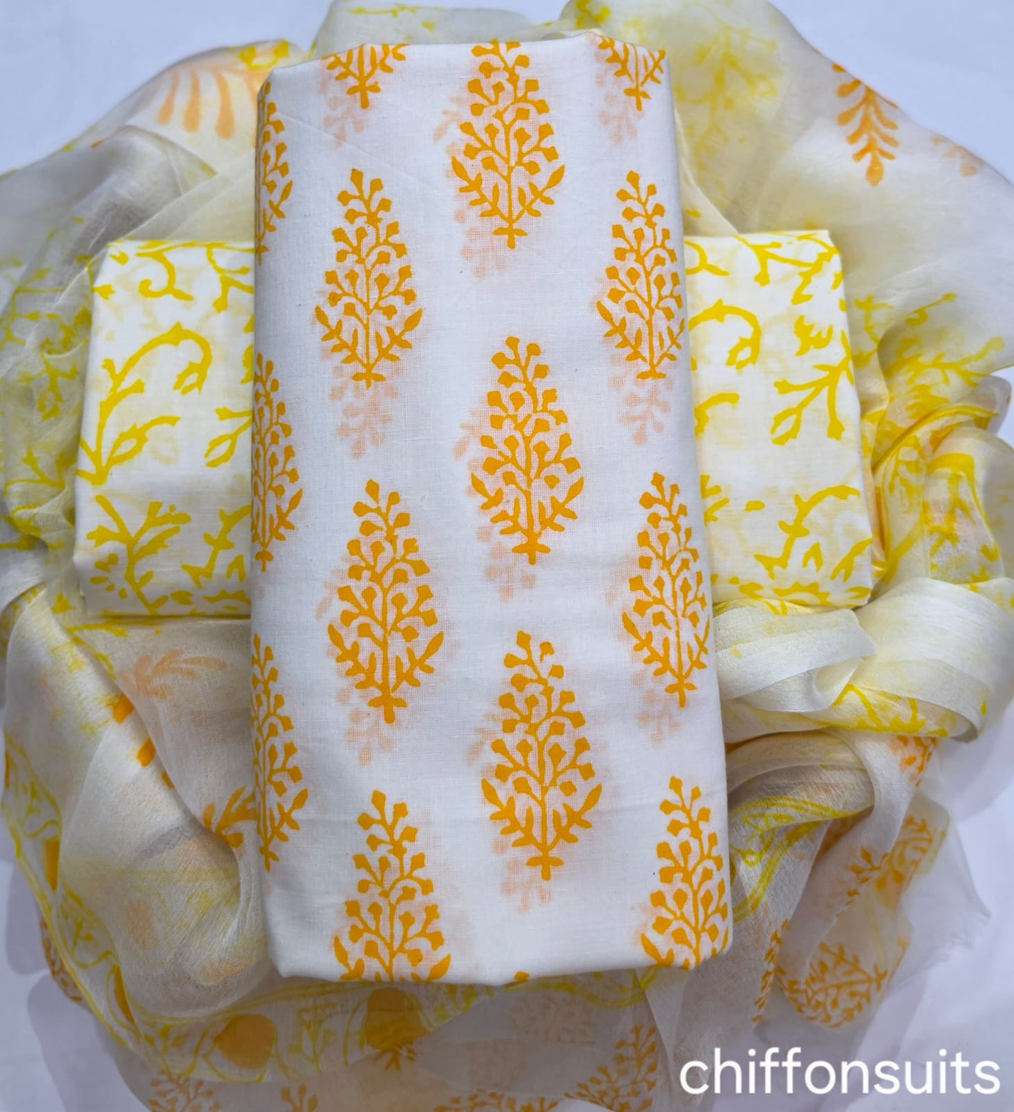 Pure cotton hand-block print suit with Chiffon dupatta