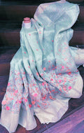 Pure Linen Silk Hand Embroidery Work Saree With Blouse
