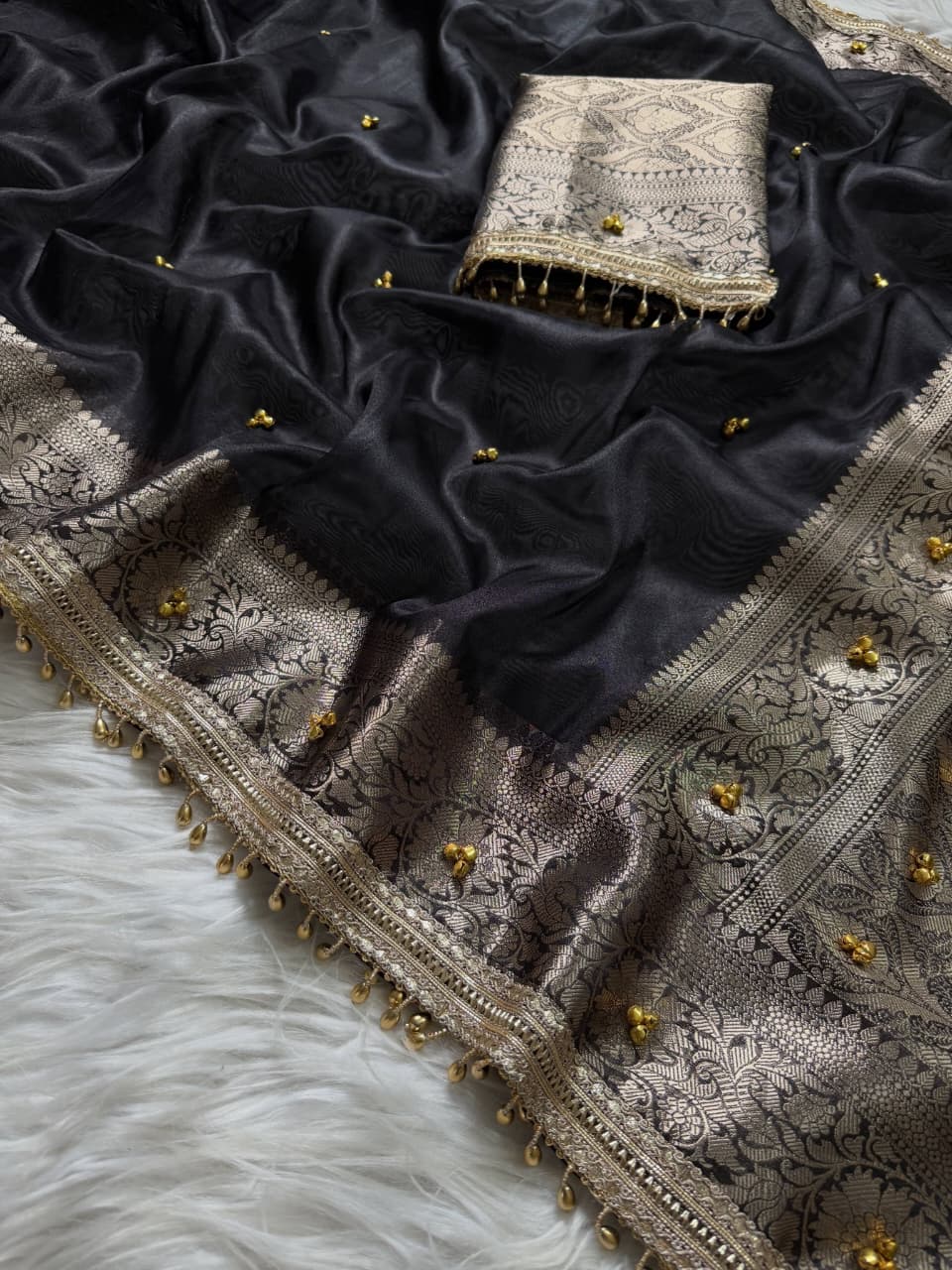 Premium Banarasi Tissue Zari Weaving Saree with Ghungroo Handwork Border