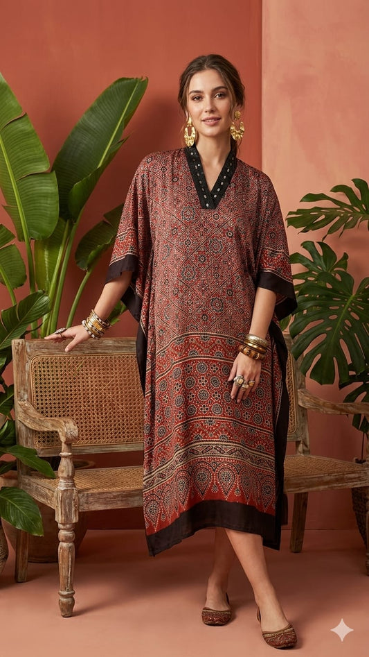 Pure Modal Silk Hand block Printed Kaftans Stitched suit With Hand Mirror Work