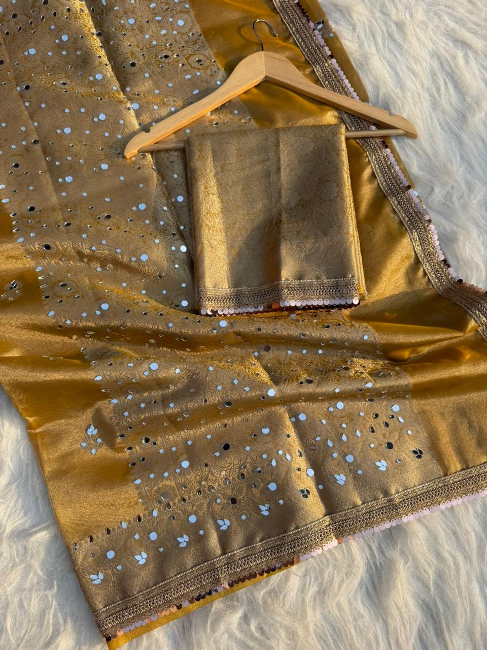 Elegant Tissue Mirror Work Saree with Designer Lace Border