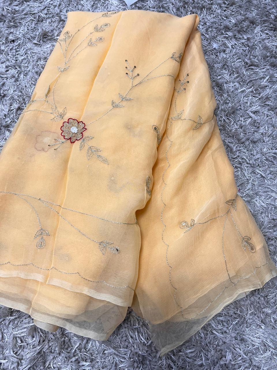 Pure Jaipuri Chiffon Jaal Work Saree With Beautiful Rajputi look and Running Blouse