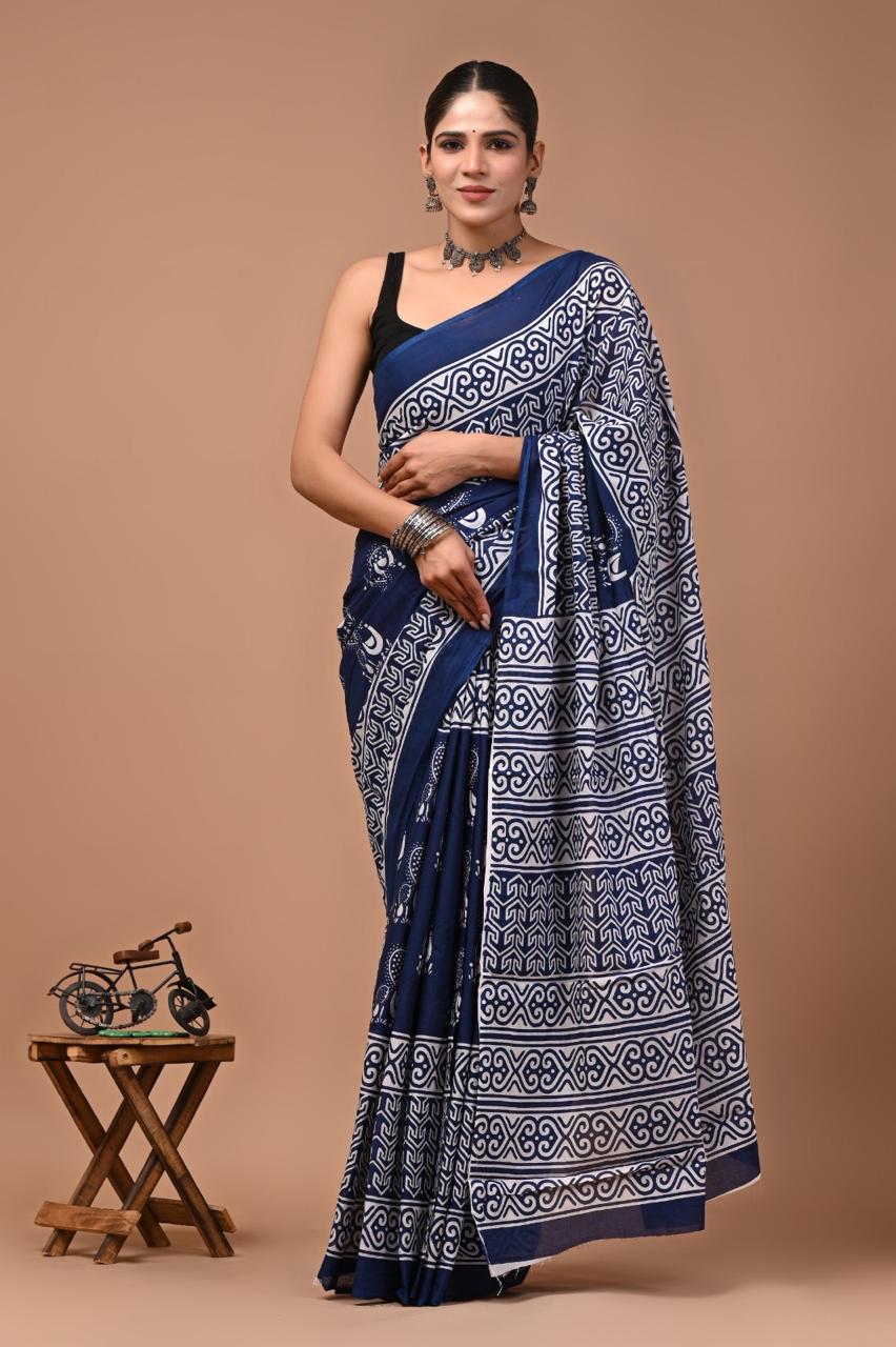 Pure Mulmul Cotton hand block Print Saree with Blouse