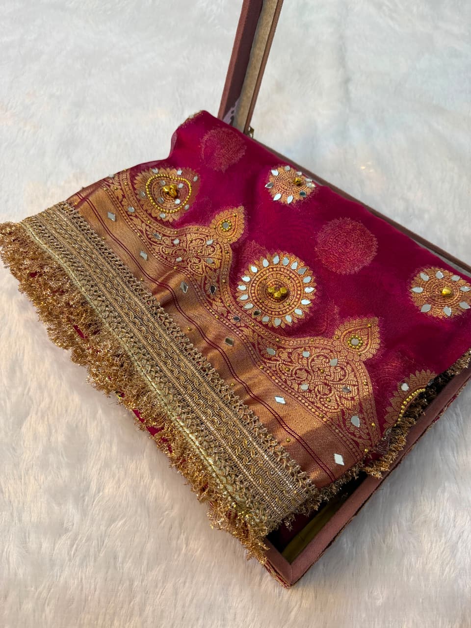 Premium Banarasi Tissue Zari Weaving Saree with Ghungroo Handwork Border