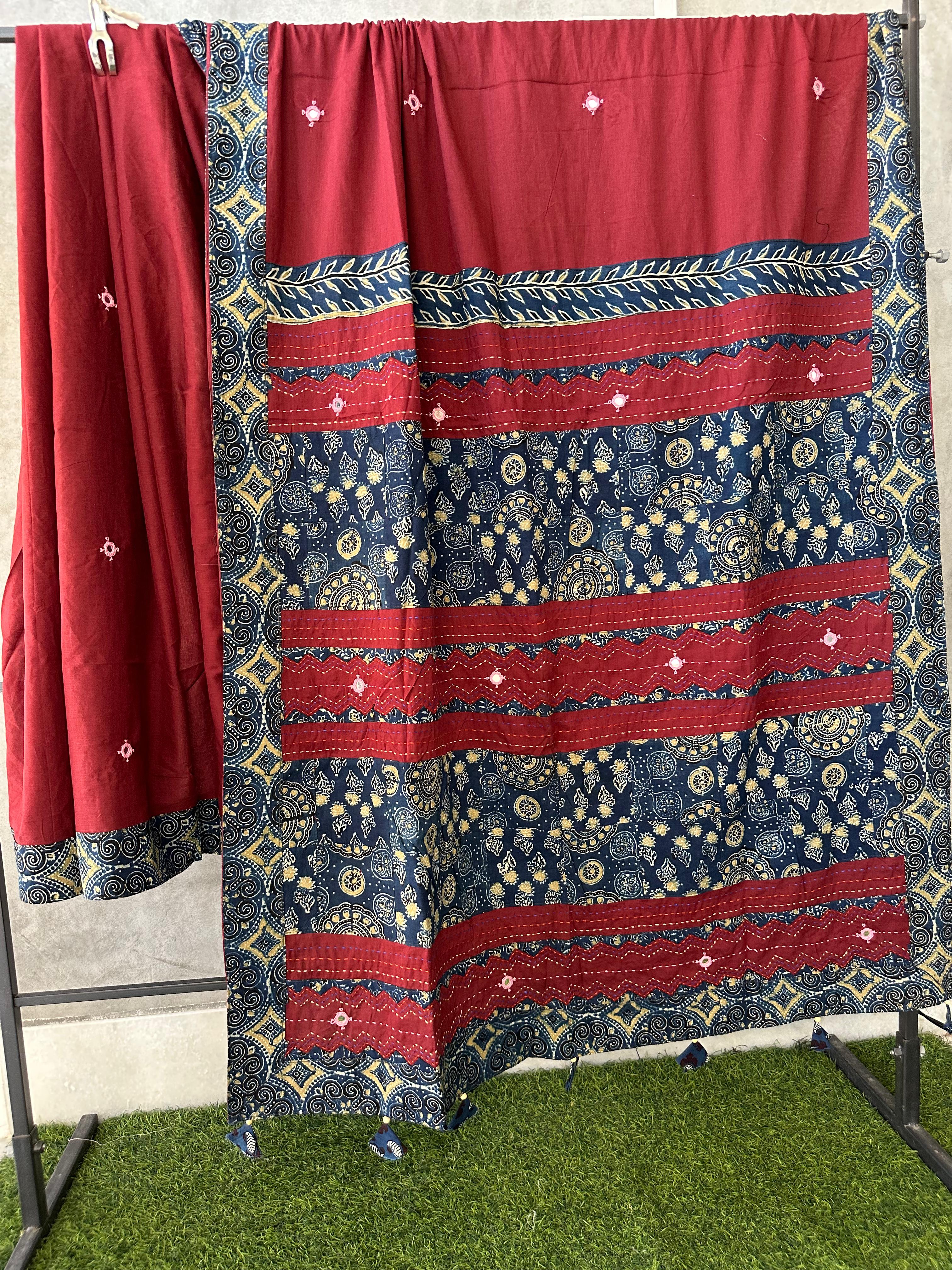 Pure Mul Cotton Saree With Ajrakh Mirror Work