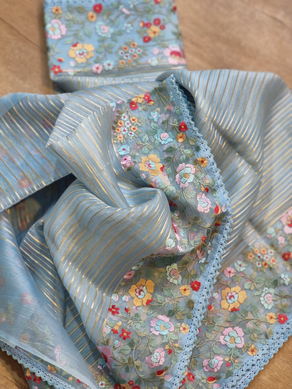 Pure Organza Silk  floral Embroidery Saree with velvet lace and heavy blouse