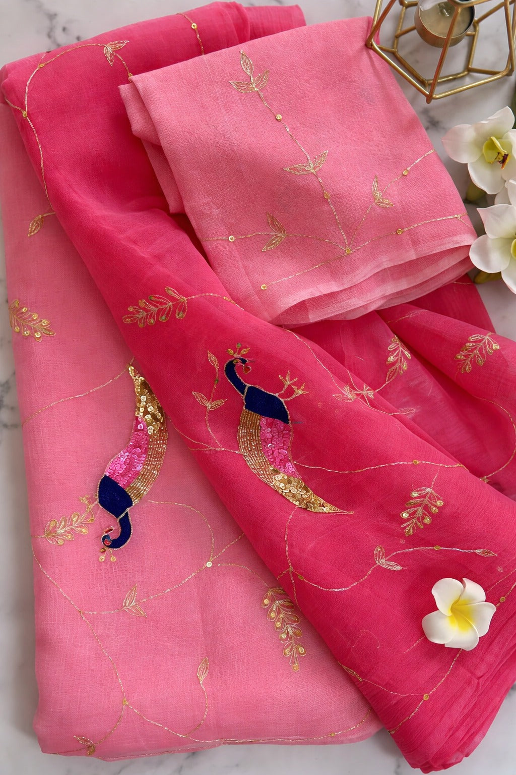 Shaded Pink Color Pure Jaipuri Chiffon Hand Work Saree