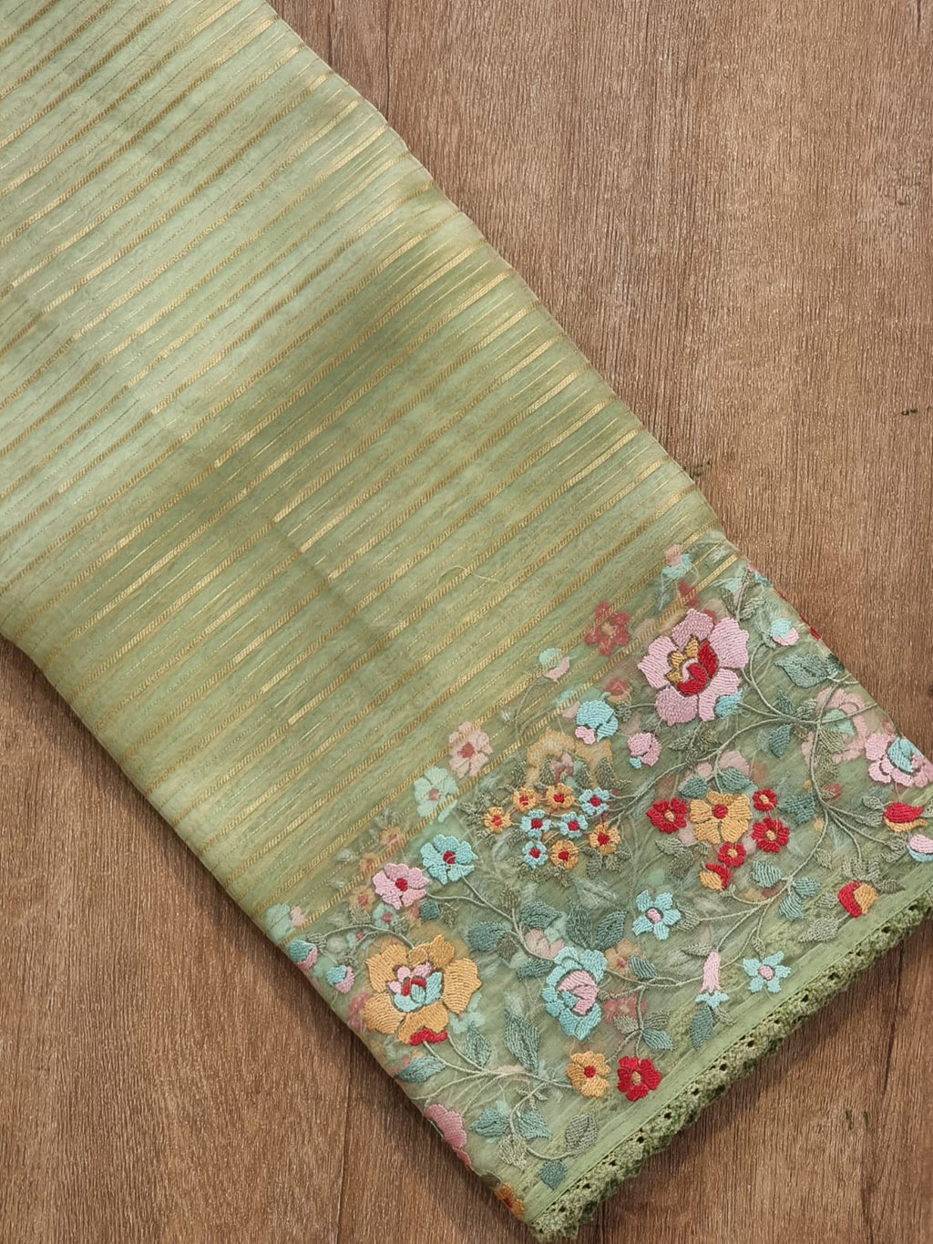 Pure Organza Silk  floral Embroidery Saree with velvet lace and heavy blouse