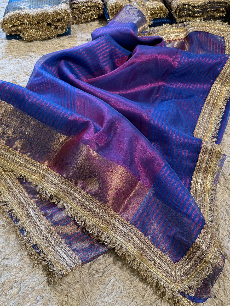 Banarasi Premium Tissue Silk Saree with Gotapatti + Uljhi lace work Border