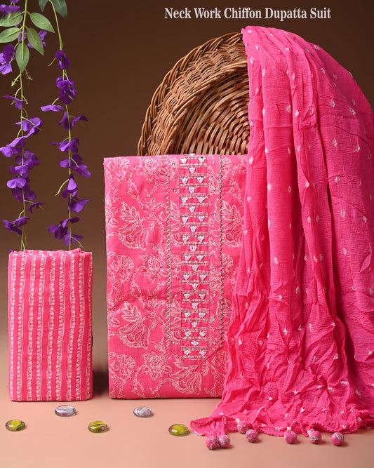 Designer gota patti hand work cotton  unstitched suit with chiffon   dupatta