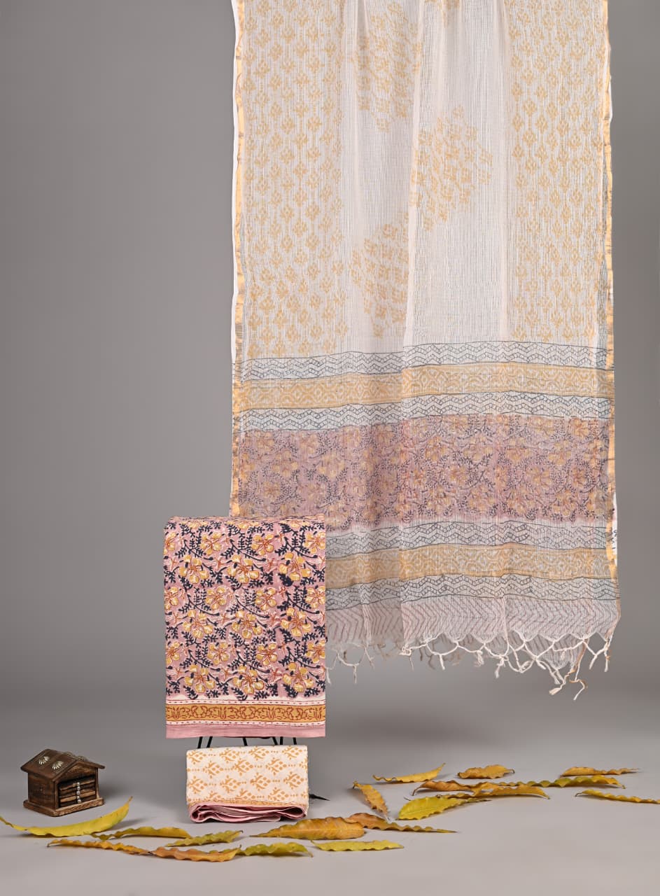 Pure Cotton Hand Block Print Suit With Kota Doriya Dupatta