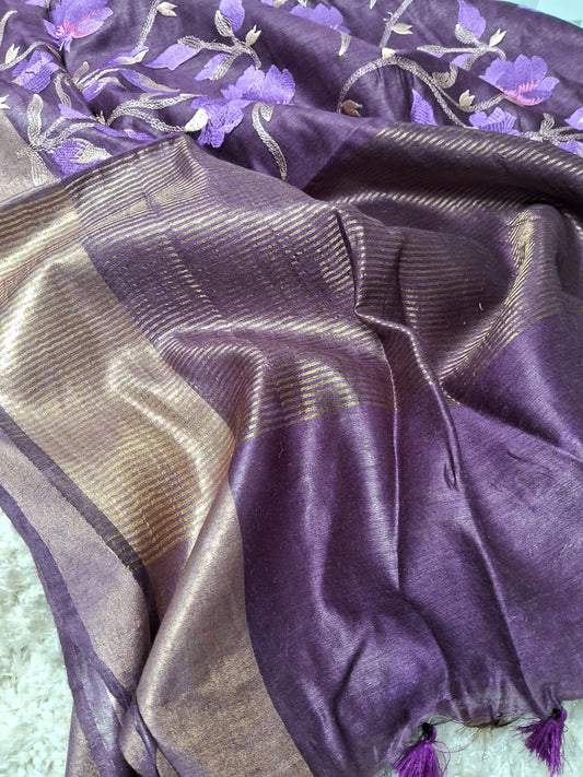Pure Linen By Linen Embroidery   Saree With  Blouse