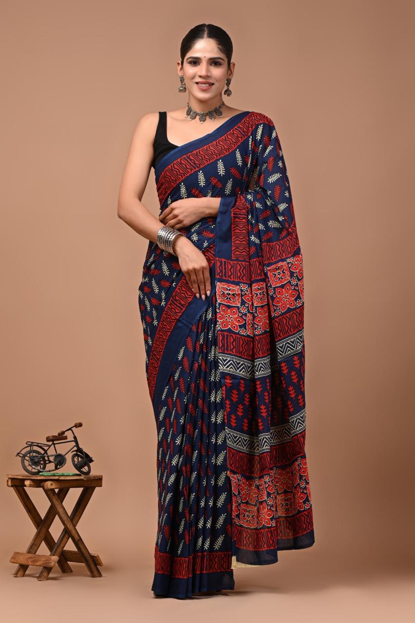 Pure Mulmul Cotton hand block Print Saree with Blouse