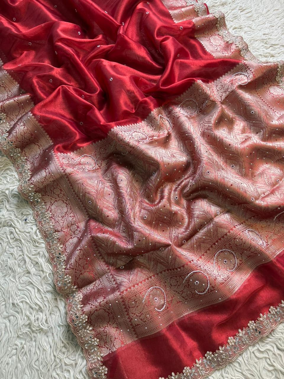Banarasi Tissue Silk Saree With beautiful borders with beads work