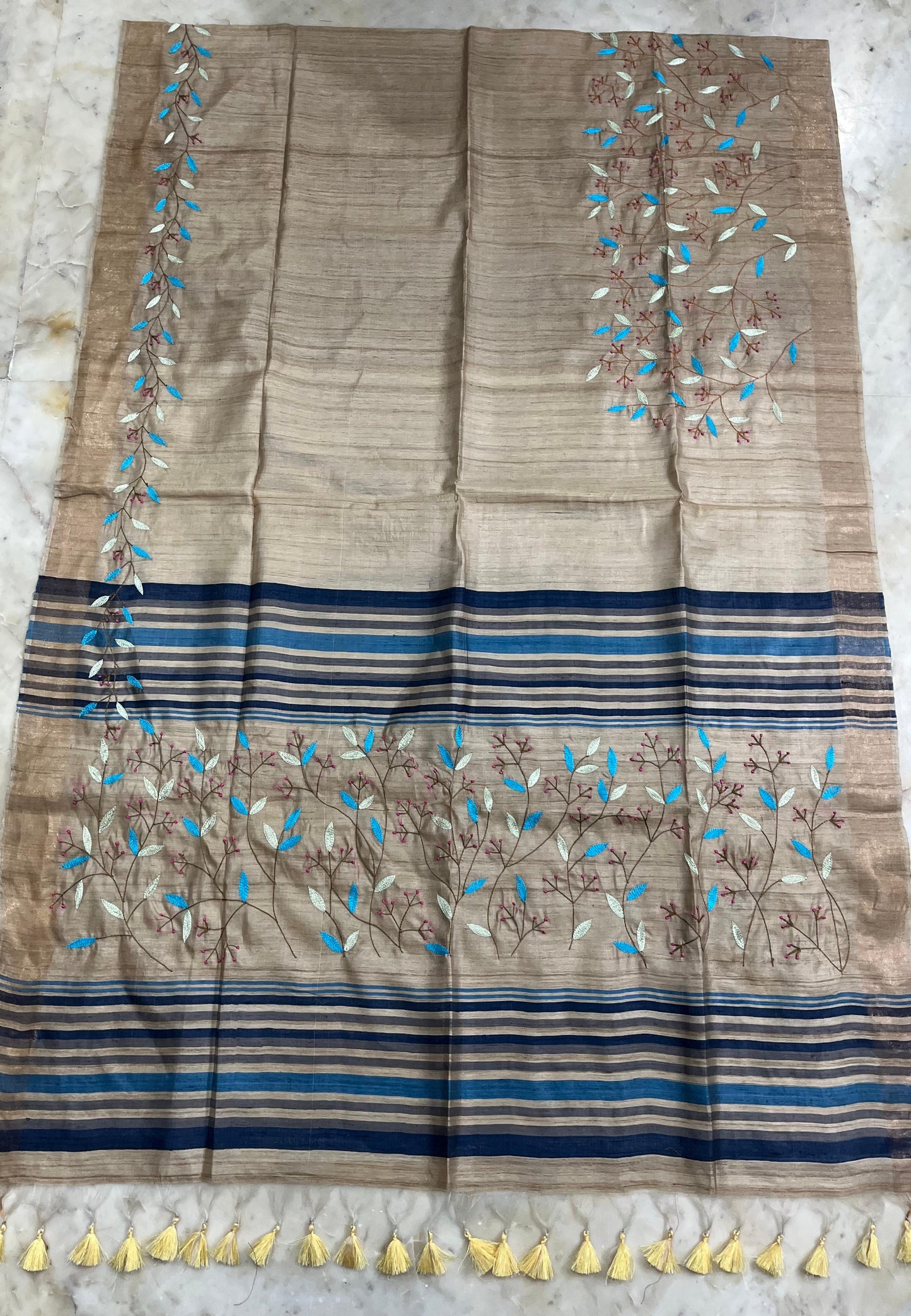 Pure Desi Tussar By Tussar Silk Embroidery Work Saree With Running Blouse