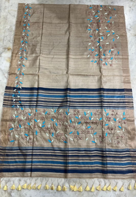 Pure Desi Tussar By Tussar Silk Embroidery Work Saree With Running Blouse