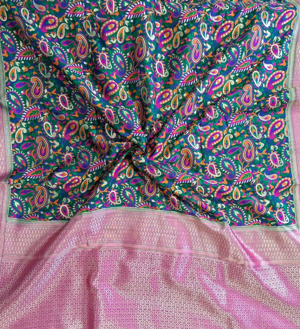 green color Banarasi Handloom Silk Multi Meena Zari Work Saree
