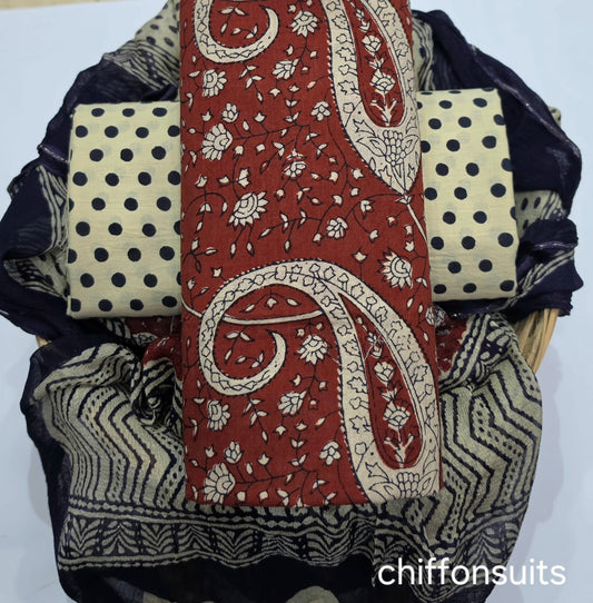 Pure cotton hand-block print suit with Chiffon dupatta