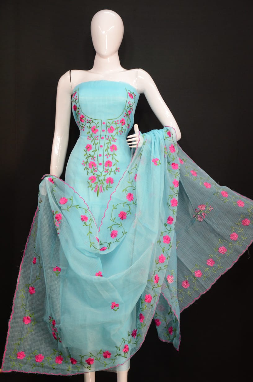 Pure Kota-Doria Unstitched Suit with Embroidery Work