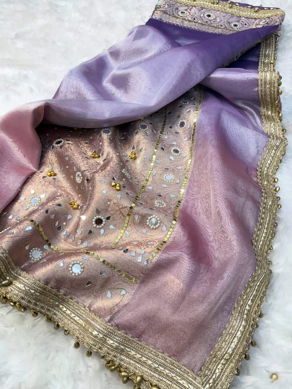 Premium Banarasi Tissue Zari Weaving Saree with Ghungroo Handwork Border