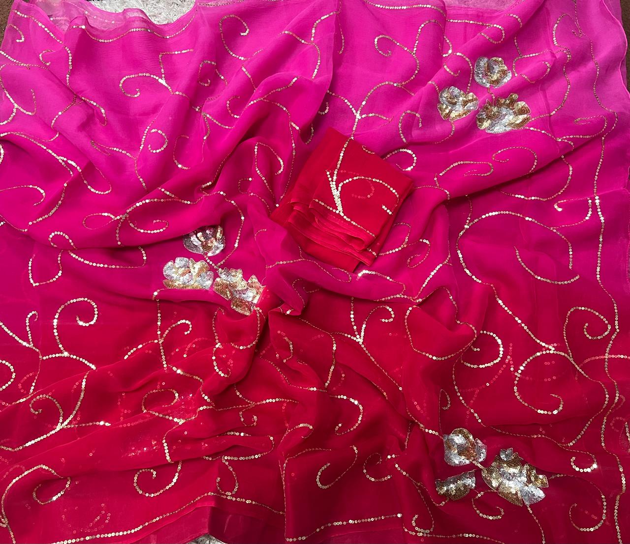 Pure Jaipuri Chiffon Jaal Work Saree With Blouse