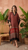 Pure Modal Silk Hand block Printed Kaftans Stitched suit With Hand Mirror Work