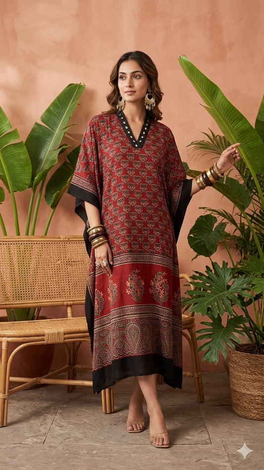 Pure Modal Silk Hand block Printed Kaftans Stitched suit With Hand Mirror Work