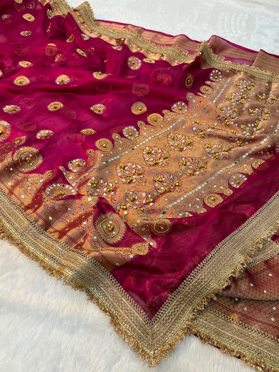 Premium Banarasi Tissue Zari Weaving Saree with Ghungroo Handwork Border