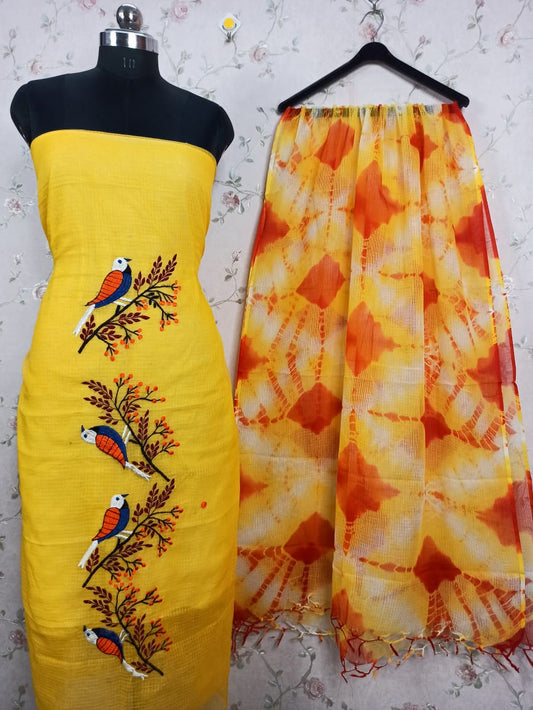 Kota-Doria Unstitched Suit with Embroidey Work