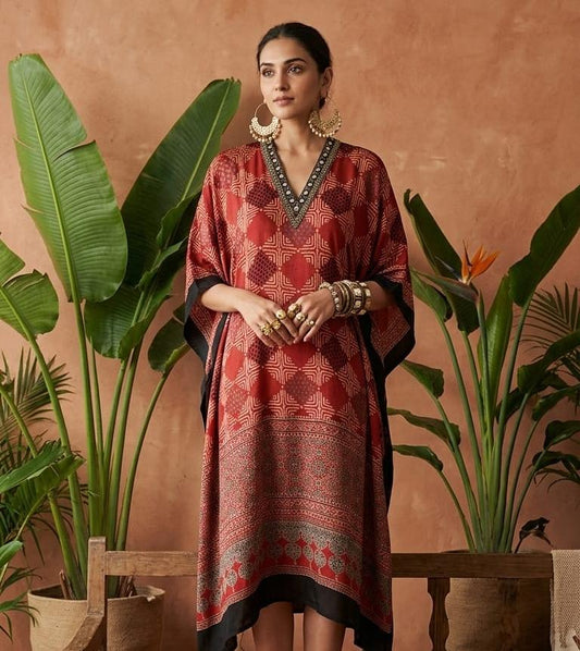 Pure Modal Silk Handblock Printed Kaftans Stitched suit With Hand Mirror Work