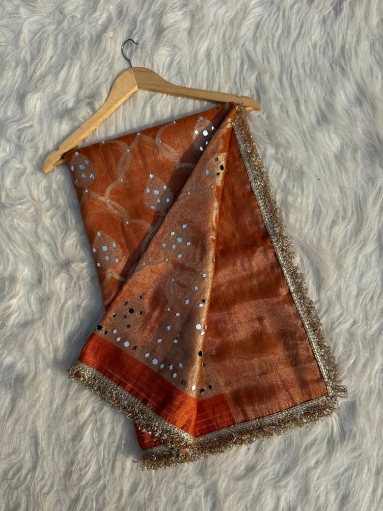 Elegant Tissue Mirror Work Saree with Designer Lace Border
