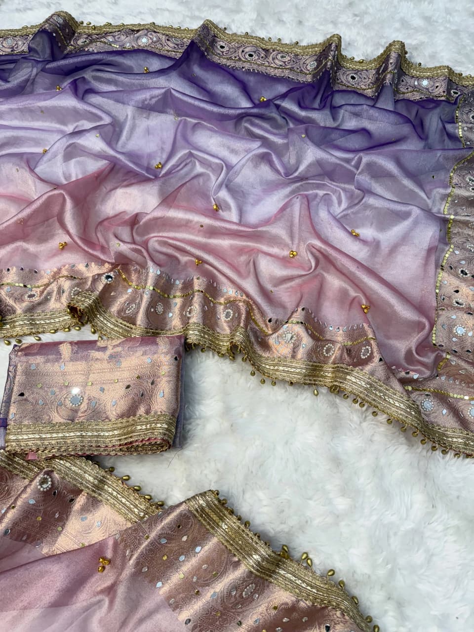 Premium Banarasi Tissue Zari Weaving Saree with Ghungroo Handwork Border