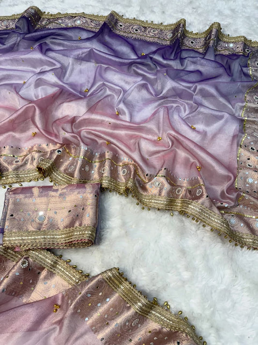 Premium Banarasi Tissue Zari Weaving Saree with Ghungroo Handwork Border