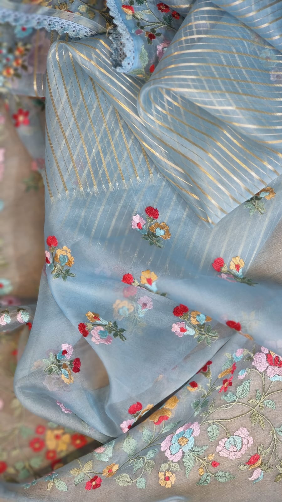Pure Organza Silk  floral Embroidery Saree with velvet lace and heavy blouse