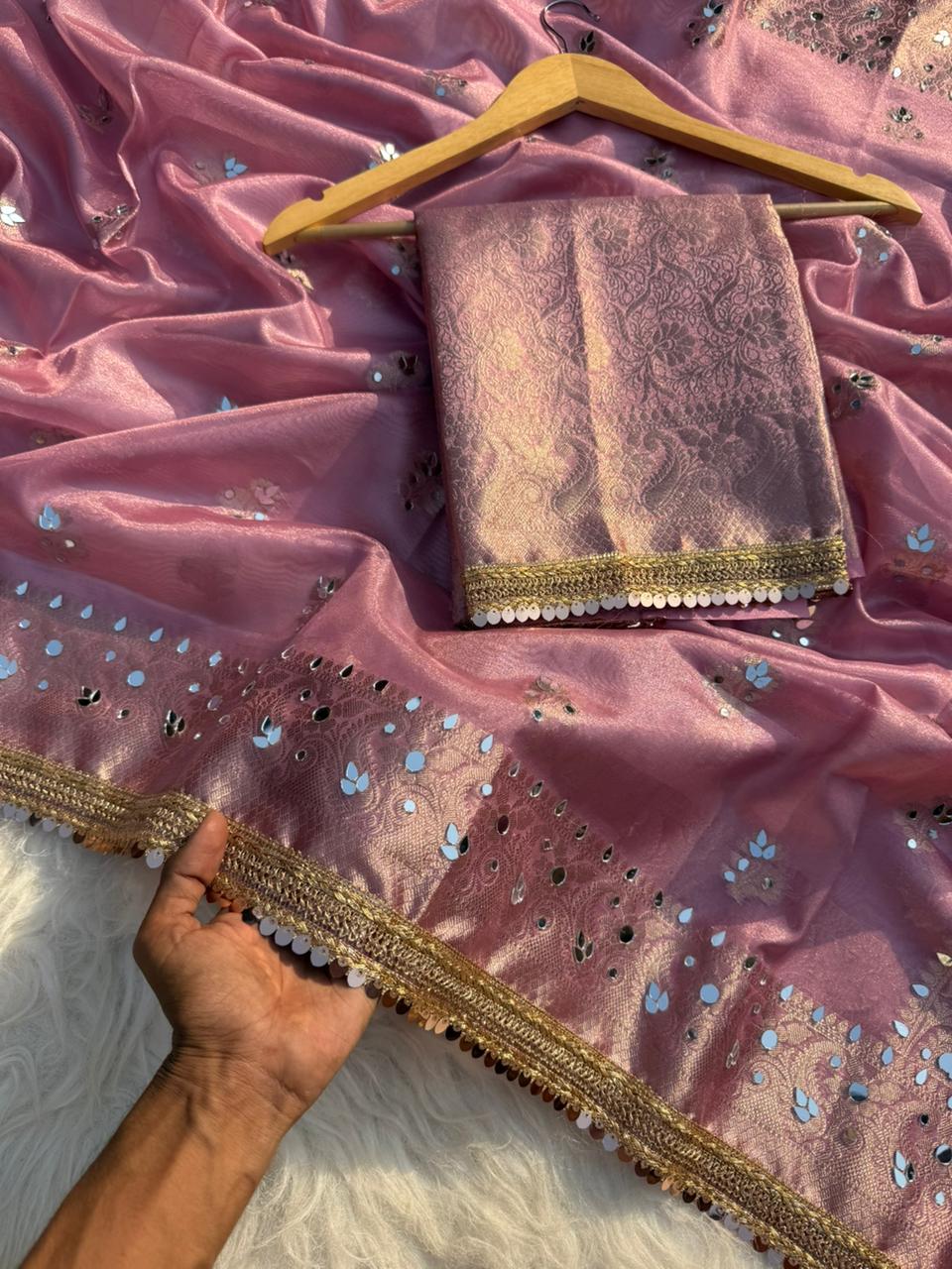 Elegant Tissue Mirror Work Saree with Designer Lace Border