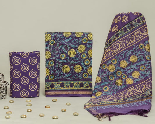 Hand Block Print Chanderi Silk Unstitched Suit