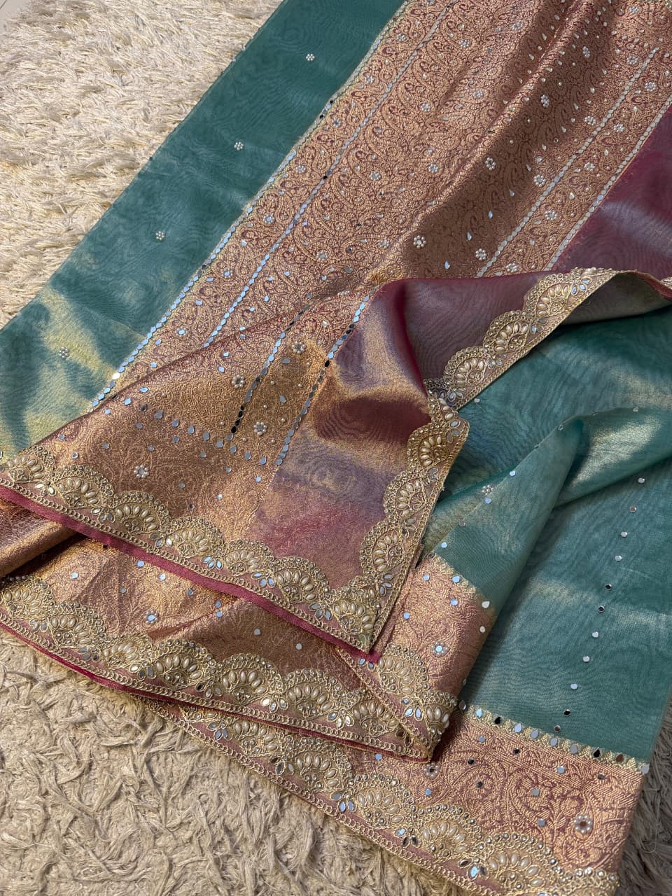 Elegant Tissue Mirror Work Saree with Designer Lace Border