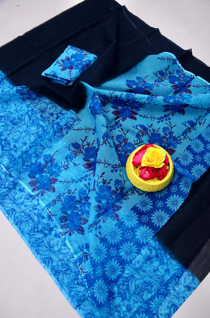 Pure Cotton Kota Doria Kalam Kari Floral Print Sarees